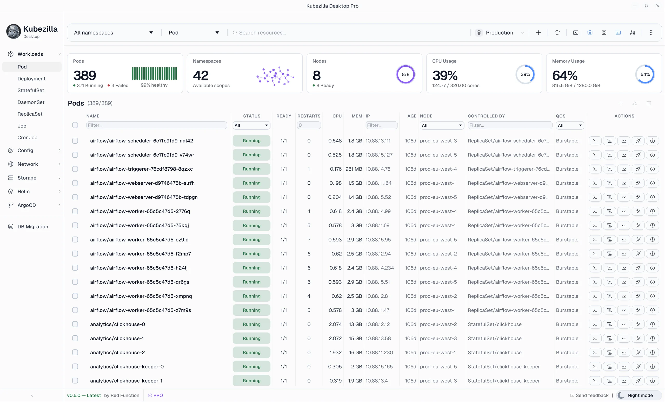 Kubezilla Desktop — pod list with Pods, Namespaces and Nodes summary cards