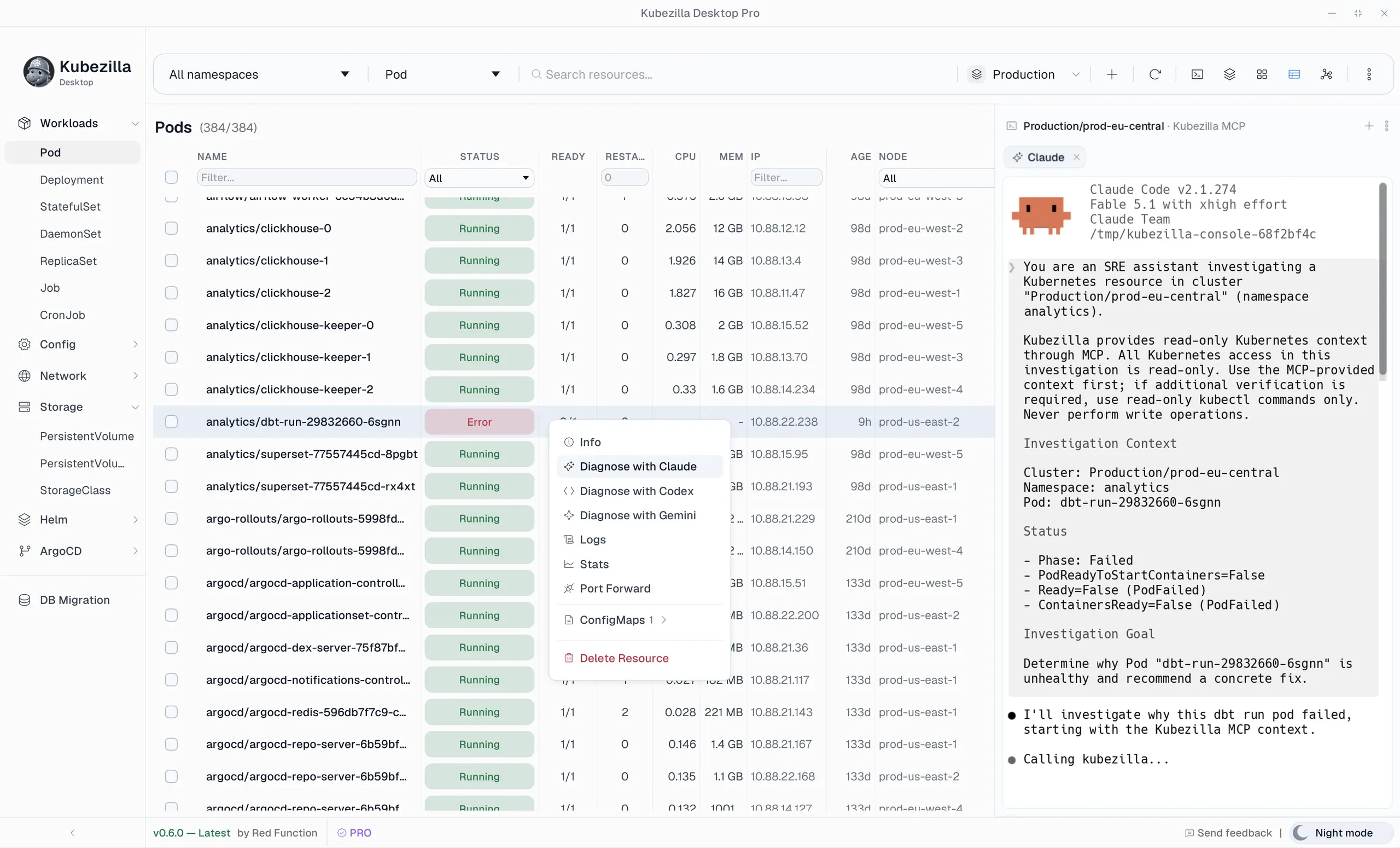 Diagnose with AI menu (Claude, Codex, Gemini) open on a failed Pod in the pod list
